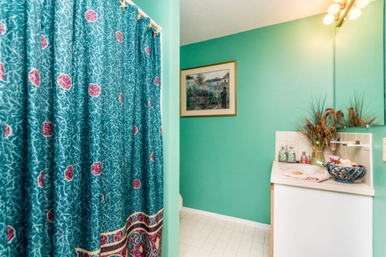 a bathroom with shower curtains and lavatory