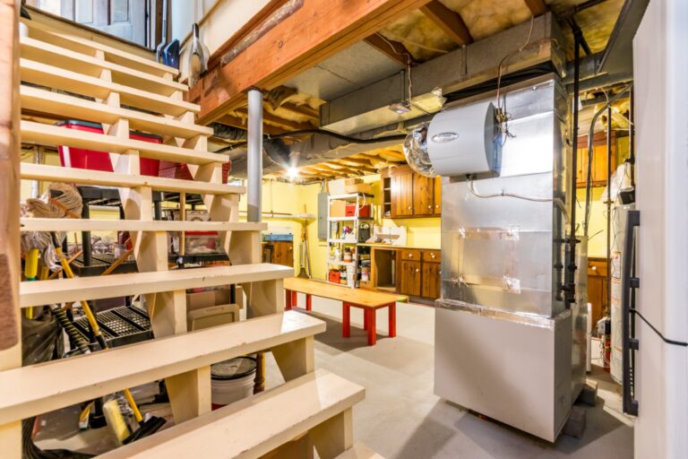 a finished basement with cabinets and tools
