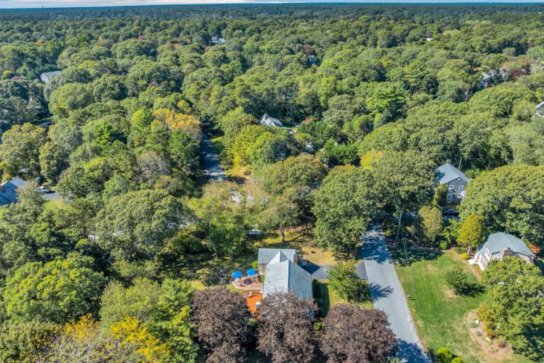 a aerial view of a residential property surrounded by dense forest