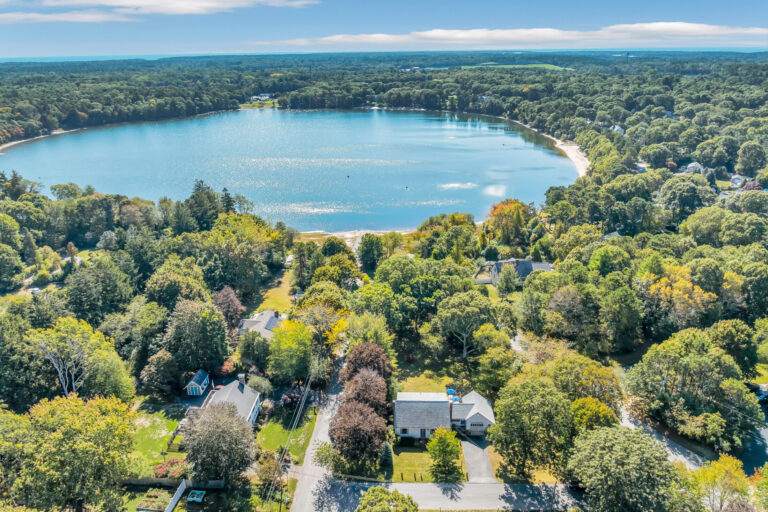 aerial view shows a wooded residential area bordering a lake