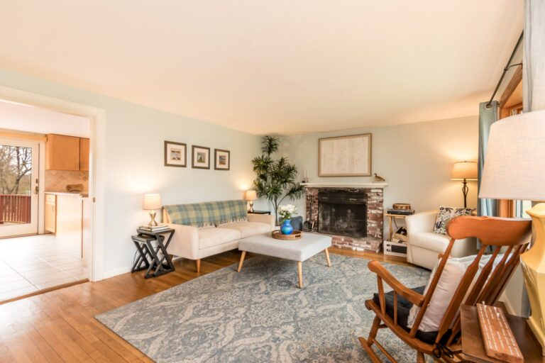 a bright and cozy living room featuring hardwood floors and a large patterned area rug