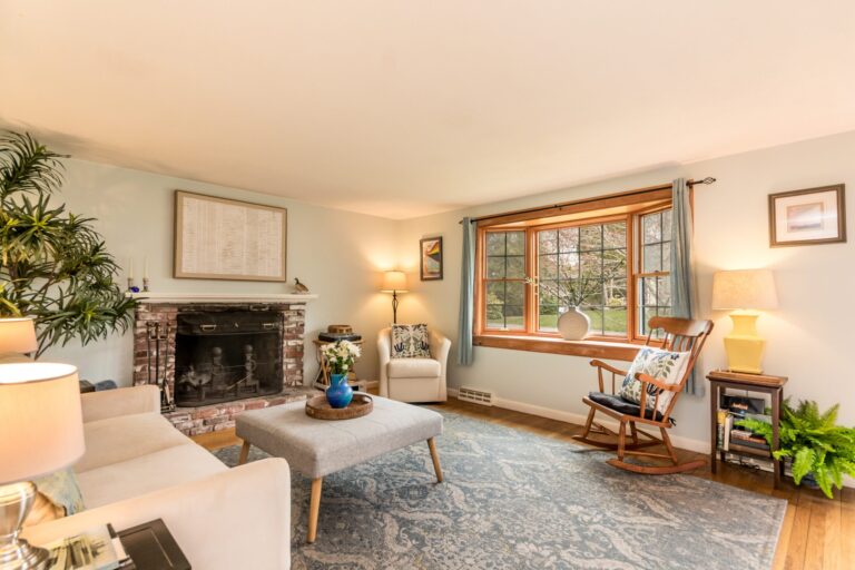 a bright and cozy living room featuring hardwood floors, a large patterned area rug, and a fireplace