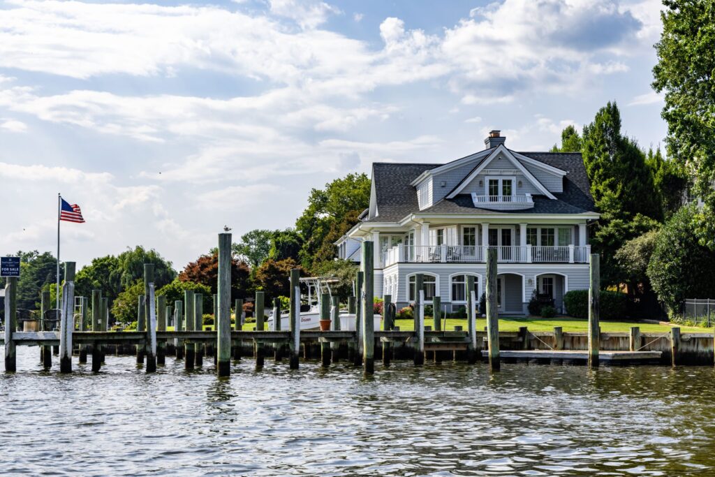 charming waterfront house with dock in summer